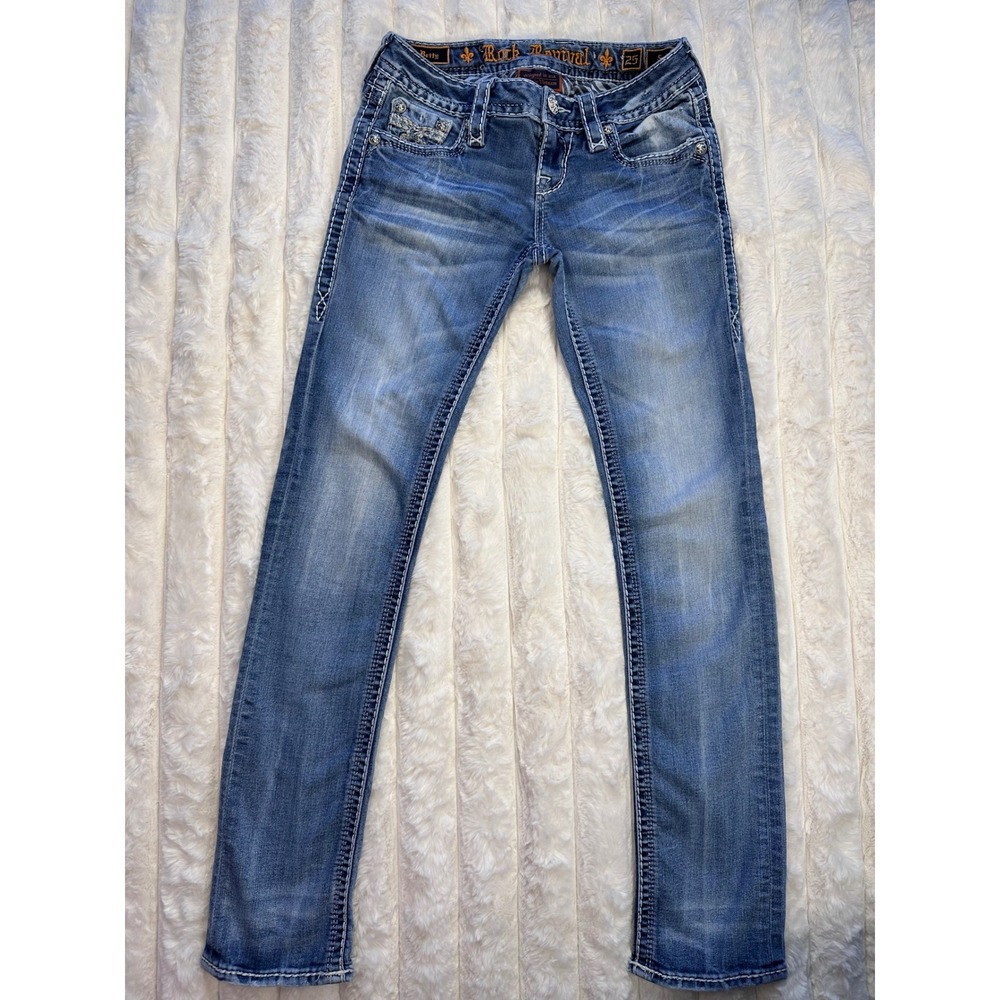Rock Revival Betty Straight Leg Jeans Medium Wash Embroidered Sequin Size 25
